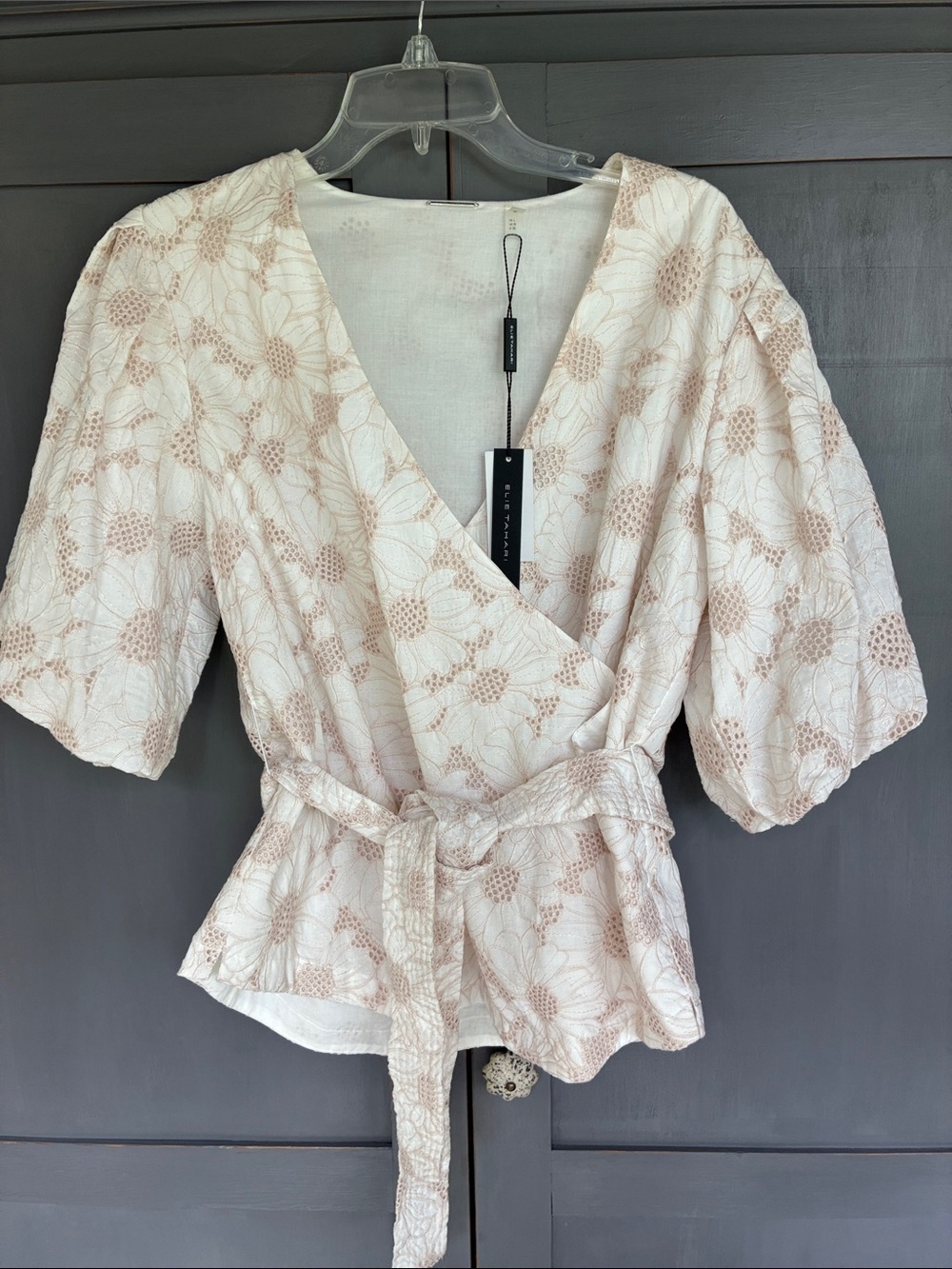 Elie Tahari Cream Eyelet Floral Wrap Blouse